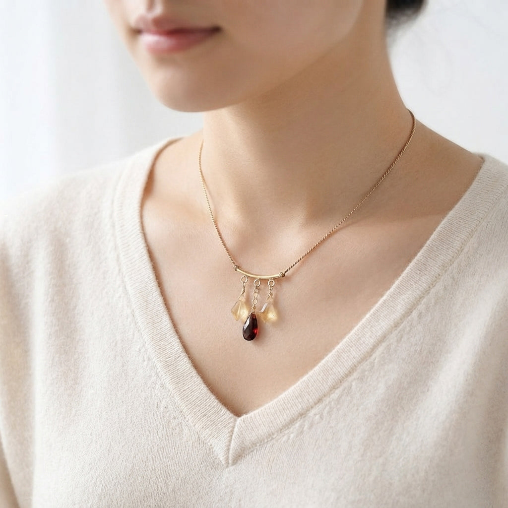 Garnet and Citrine Briolette Silk Cord Necklace