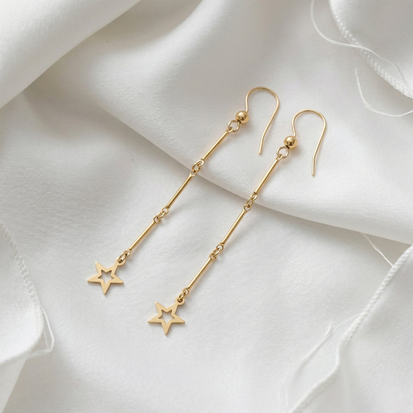 Gold Star Petite Long Dangle Earrings