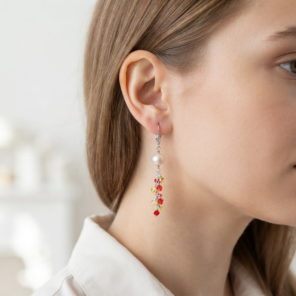 Swarovski Orange and Yellow Crystals with Freshwater Pearl Earrings