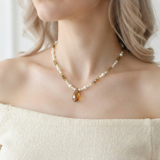 Swarovski Pearl and Bronze Crystal Teardrop Necklace