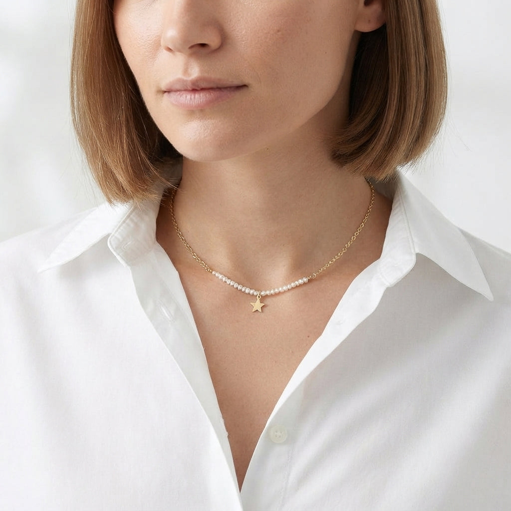 Gold Star with Freshwater Mini Pearl Necklace