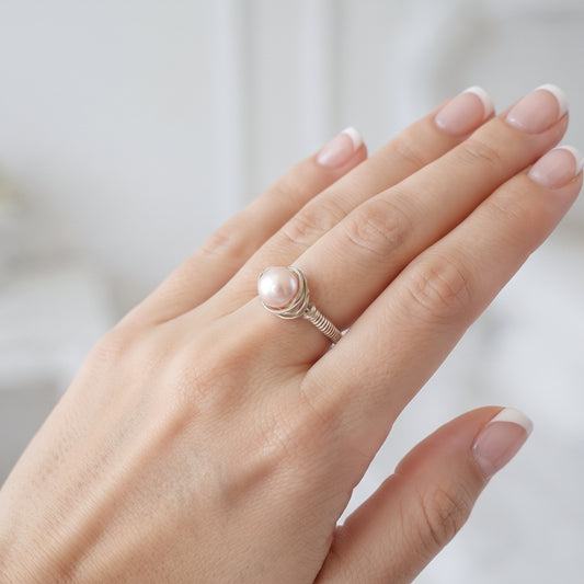 Swarovski Light Pink Pearl Wire Wrapped Ring in Sterling Silver