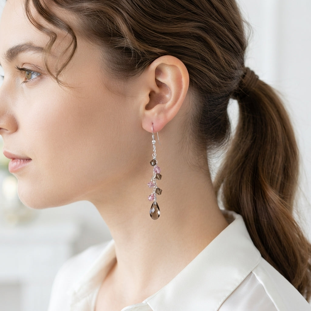Swarovski Rose and Smoky Quartz Crystal Cluster Earrings