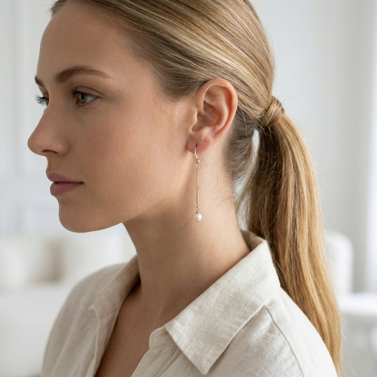 White Freshwater Pearl Modern Dangle Earrings