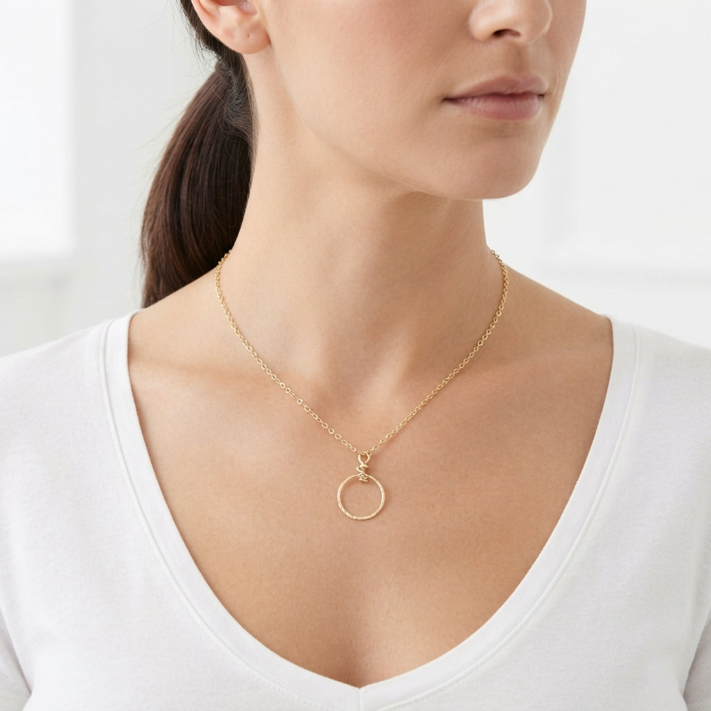 Gold Hammered Delicate Circle Necklace