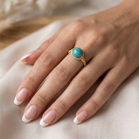 Turquoise Bead Wire Wrapped Gold Ring
