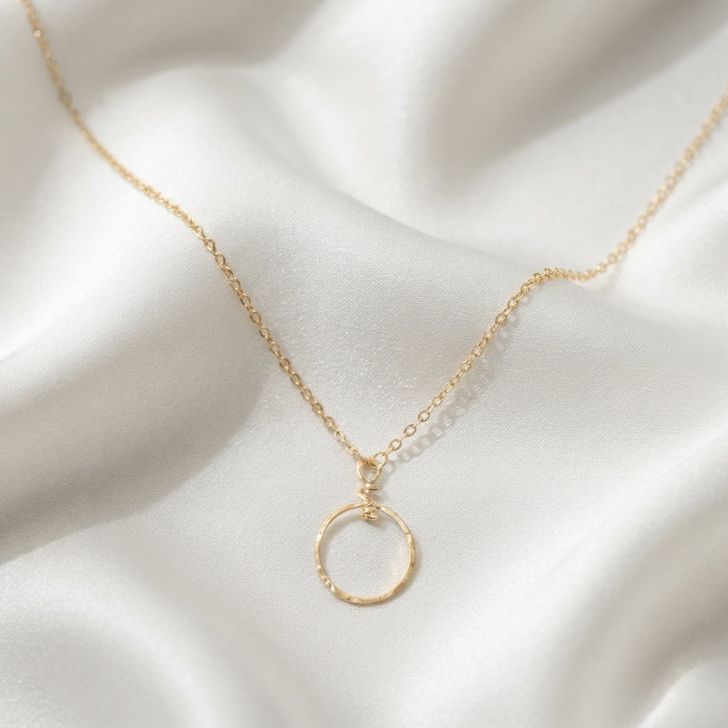 Gold Hammered Delicate Circle Necklace