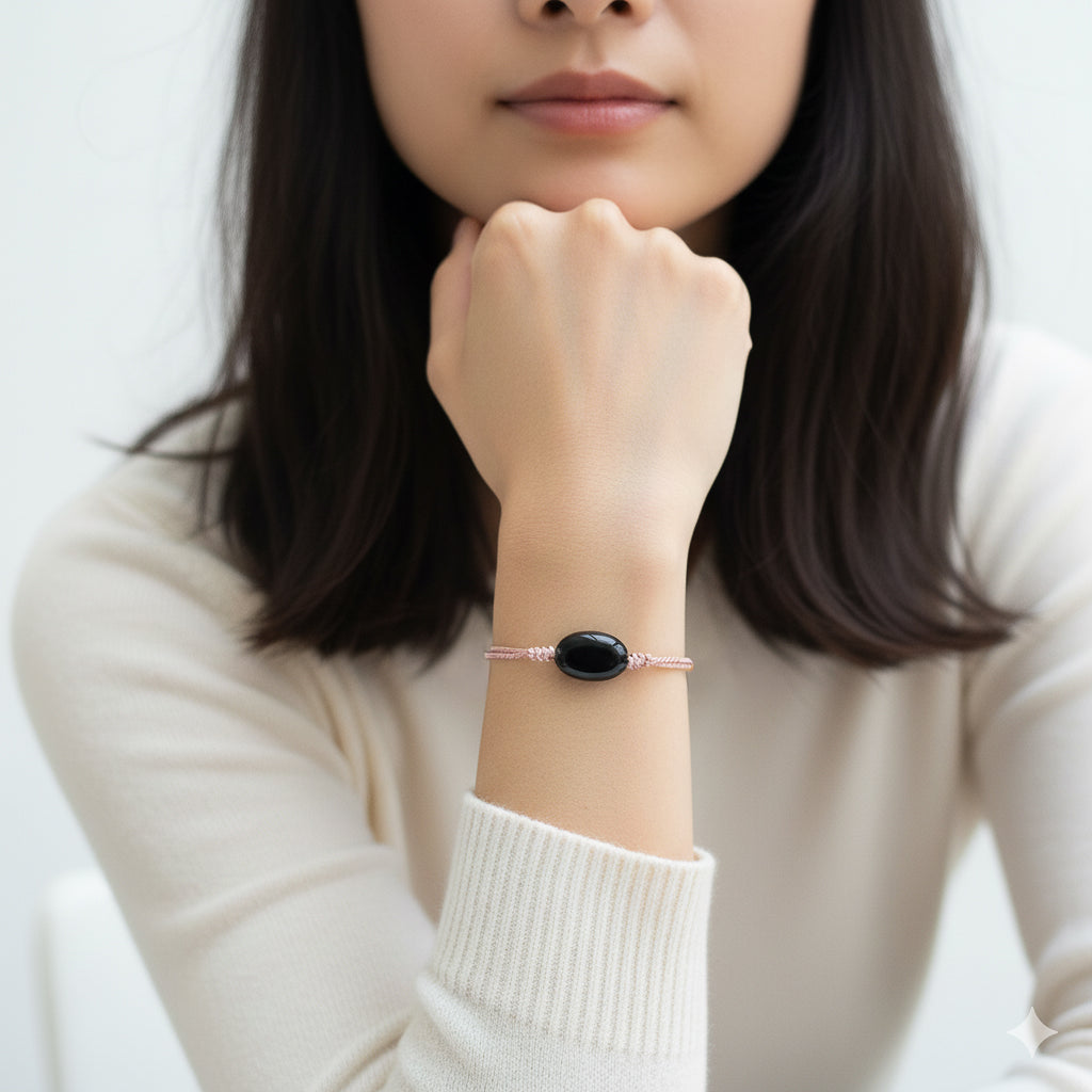 Black Onyx Pink Silk Cord Adjustable Bracelet