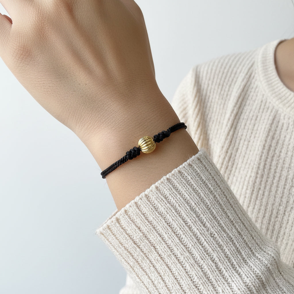 Gold Bead Black Silk Cord Adjustable Bracelet