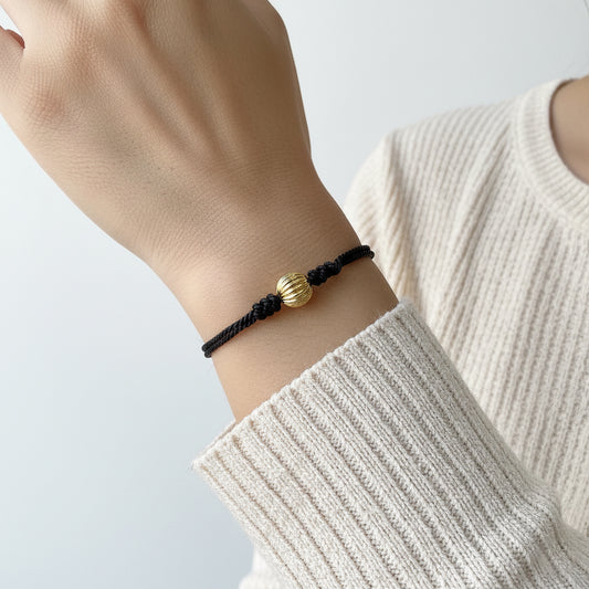 Gold Bead Black Silk Cord Adjustable Bracelet
