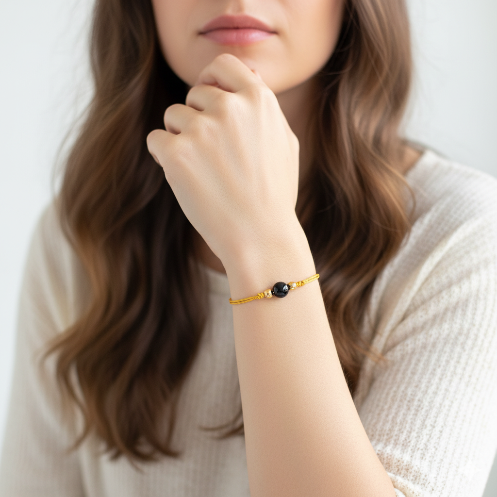 Black Onyx Bead Gold Silk Cord Adjustable Bracelet