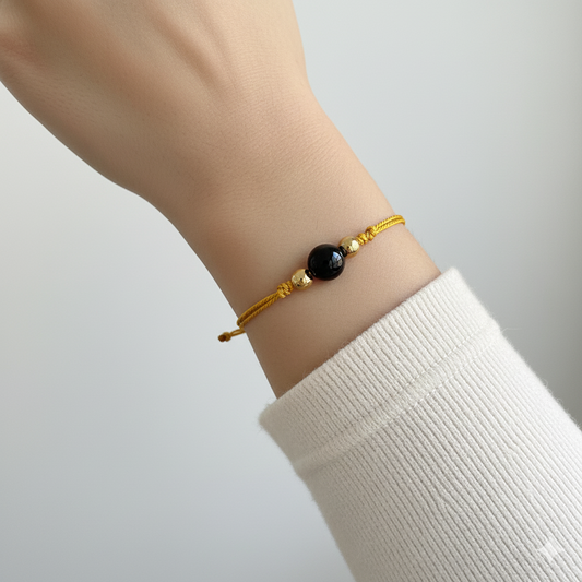 Black Onyx Bead Gold Silk Cord Adjustable Bracelet