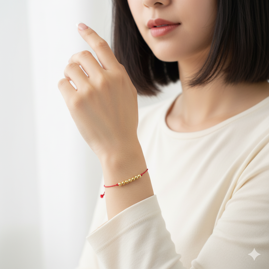 Gold Beaded Red Silk Cord Adjustable Bracelet