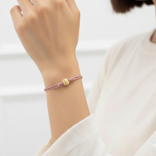 Gold Bead Pink Silk Cord Adjustable Bracelet