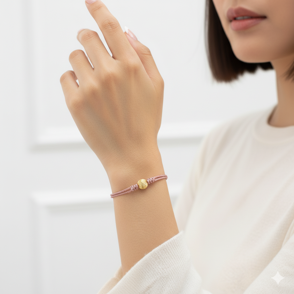 Gold Bead Pink Silk Cord Adjustable Bracelet