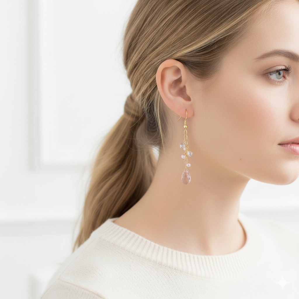 Pink Amethyst Briolette Earrings with Pearls and Crystals