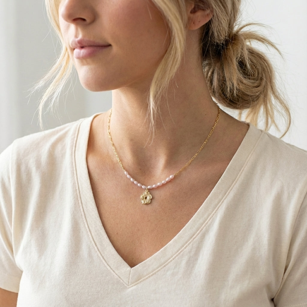 Pink Freshwater Pearl Flower Charm Necklace