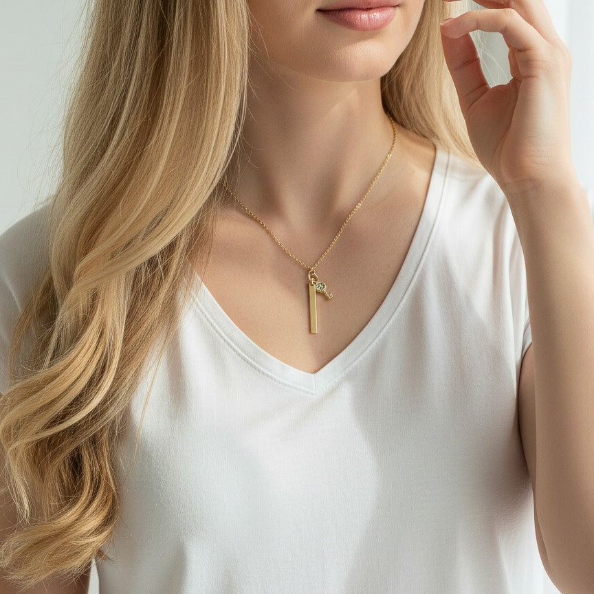Gold Bar and Key Necklace