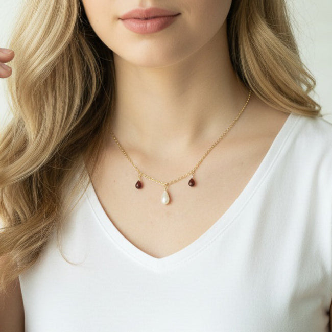 Garnet and Pearl Drop Necklace