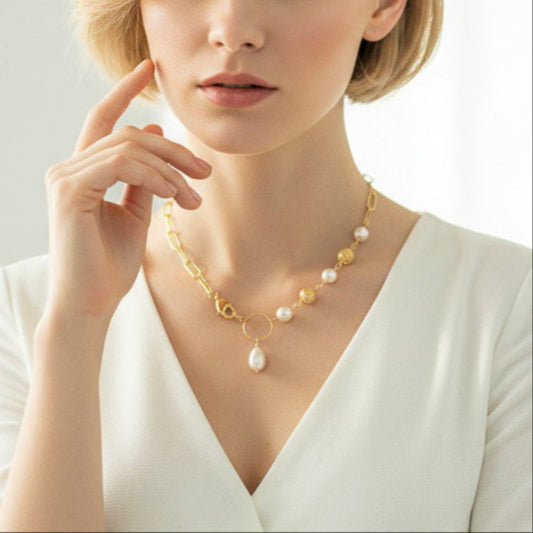 Swarovski White Pearl and Gold Asymmetrical Choker