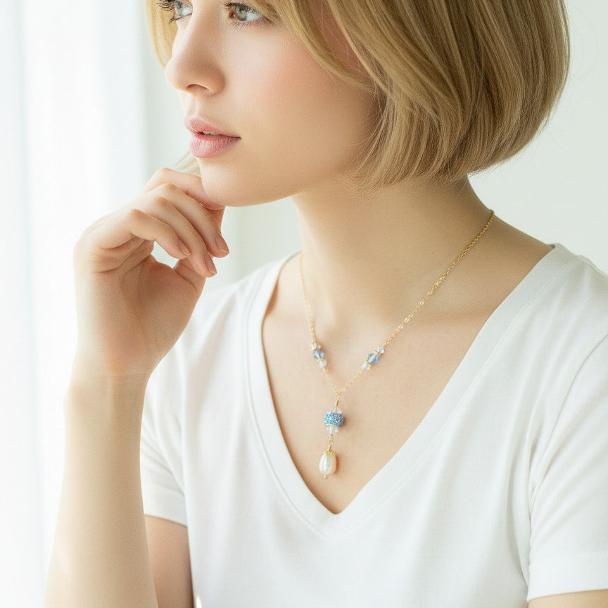 Swarovski Blue Crystal and Pearl Dangle Necklace