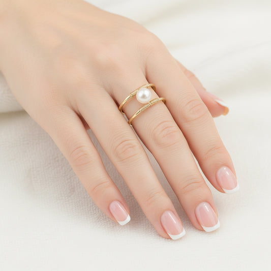 Freshwater Pearl Double Banded Gold Ring