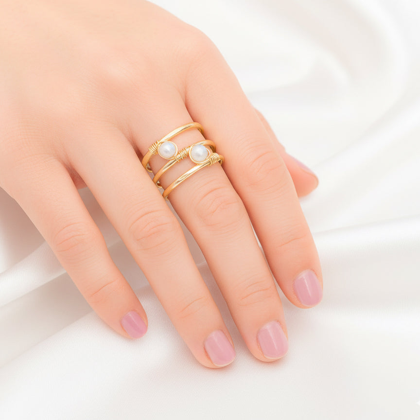 Gold Spiral Double Pearl Ring