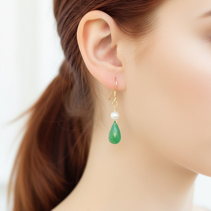 Green Onyx and Pearl Dangle Earrings