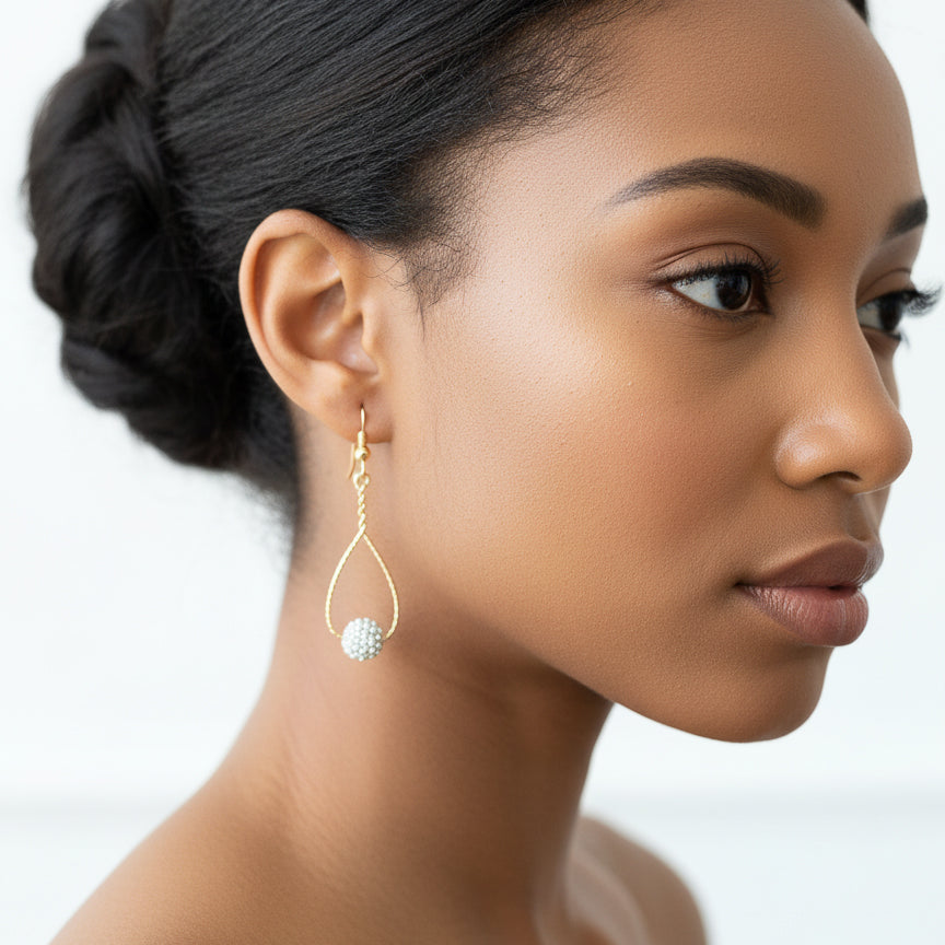 Gold Dangle Earrings with Pave Crystal Bead