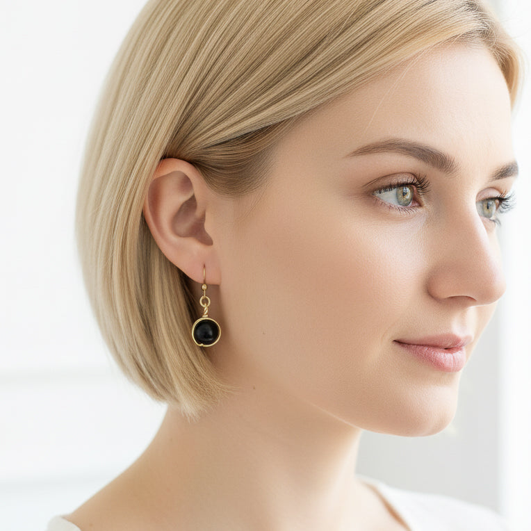 Black Onyx Halo Dangle Earrings