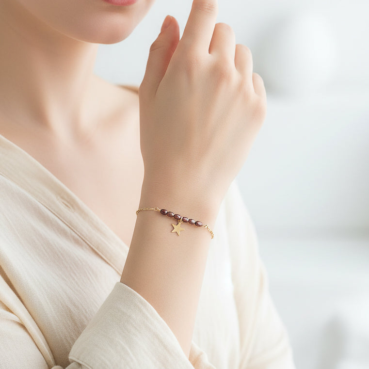 Cranberry Freshwater Pearl Column with Star Charm Bracelet