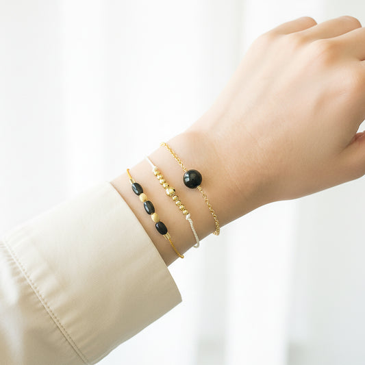 Set of 3 - Black Onyx and Gold Bracelets