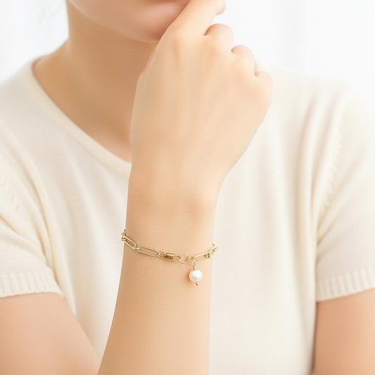 Gold Paperclip Chain with Pearl Charm Bracelet