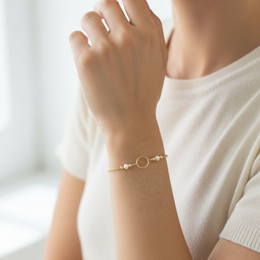White Pearl and Gold Cluster Circle Adjustable Bracelet