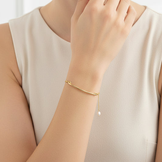 Gold Curved Bar Adjustable Bracelet with Pearl Charm