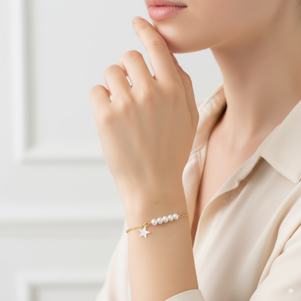 White Pearl Column with Star Charm Bracelet