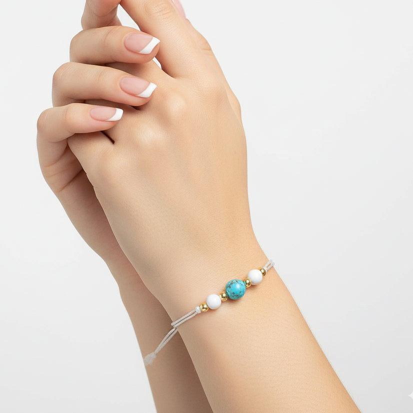 Turquoise, White Agate, and Gold Silk Cord Adjustable Bracelet