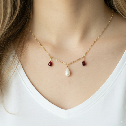 Garnet and Pearl Drop Necklace