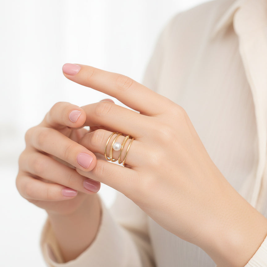 Gold Wire Spiral Ring with Freshwater Pearl