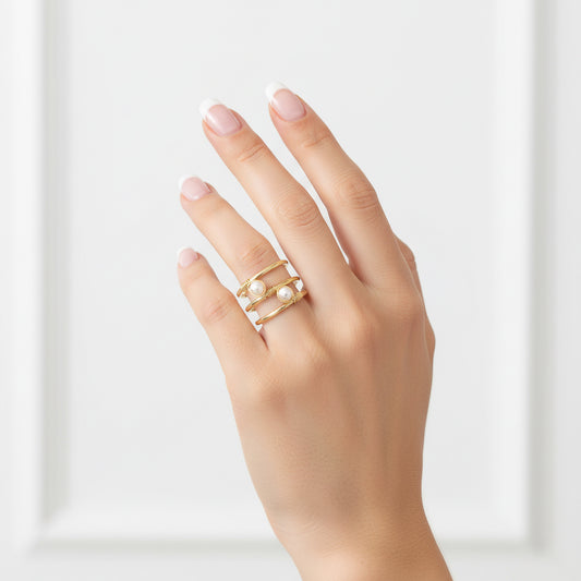 Gold Spiral Double Pearl Ring