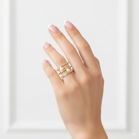Gold Spiral Double Pearl Ring