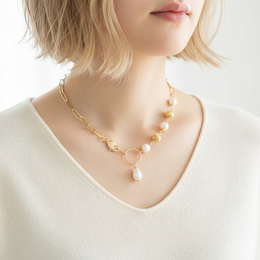 Swarovski White Pearl and Gold Asymmetrical Choker
