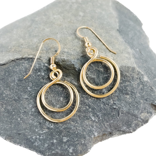 Gold Hammered Double Circle Dangle Earrings