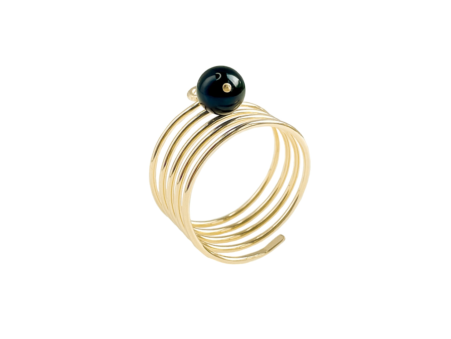 Gold Spiral Ring with Black Akoya Pearl