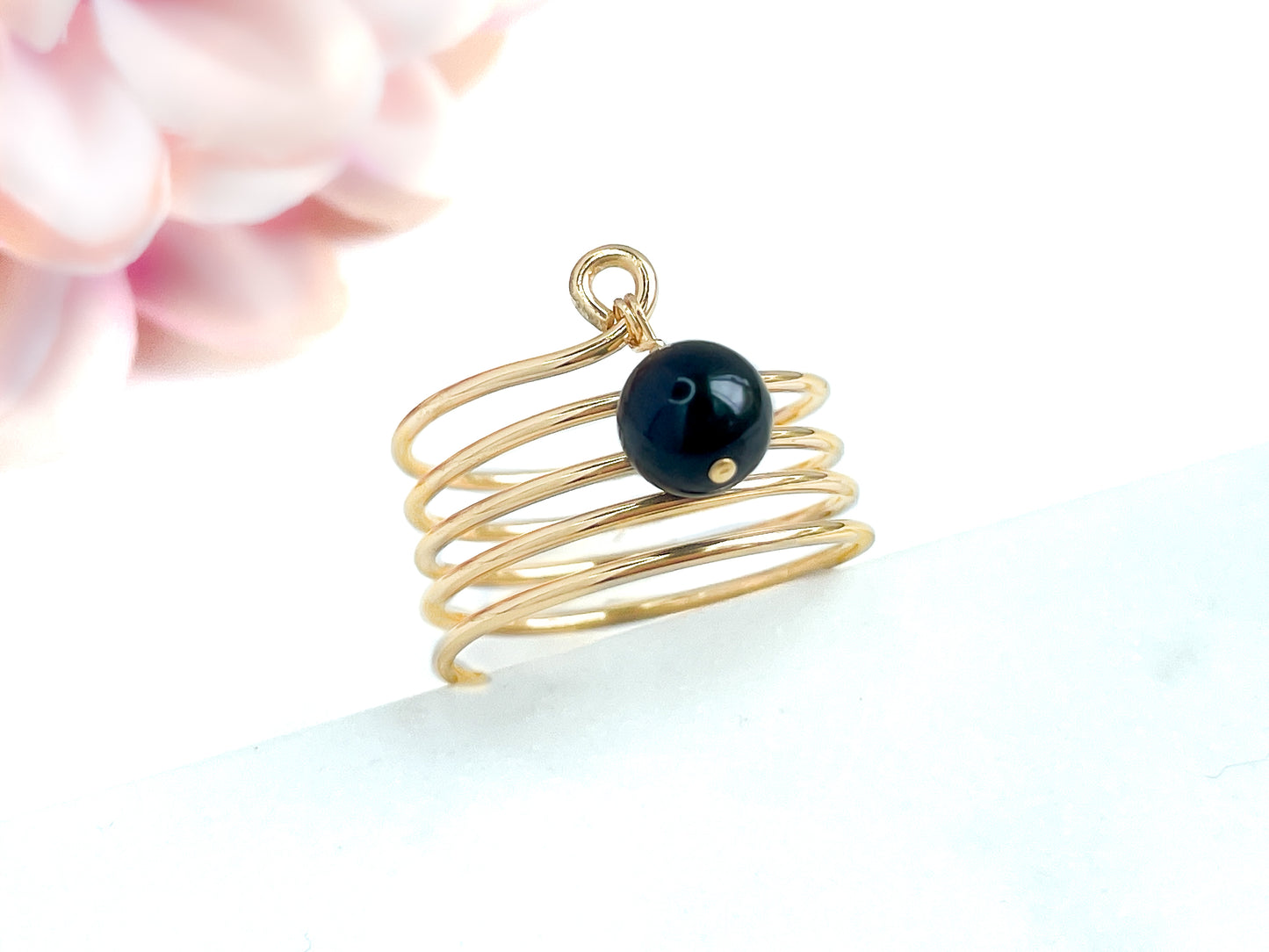 Gold Spiral Ring with Black Akoya Pearl