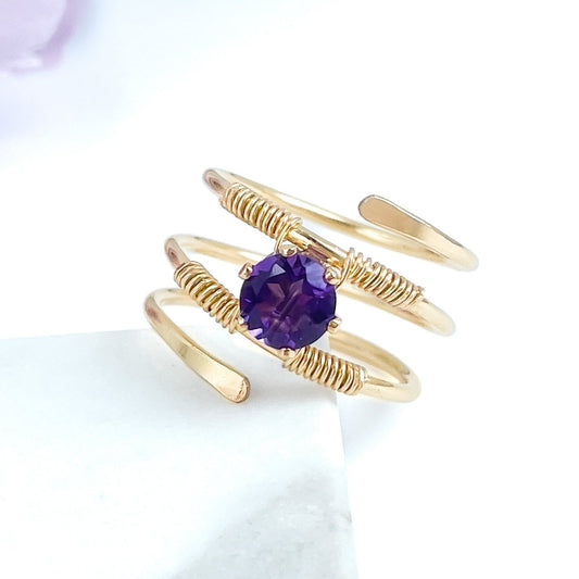 Purple Amethyst Gold Wire Spiral Ring