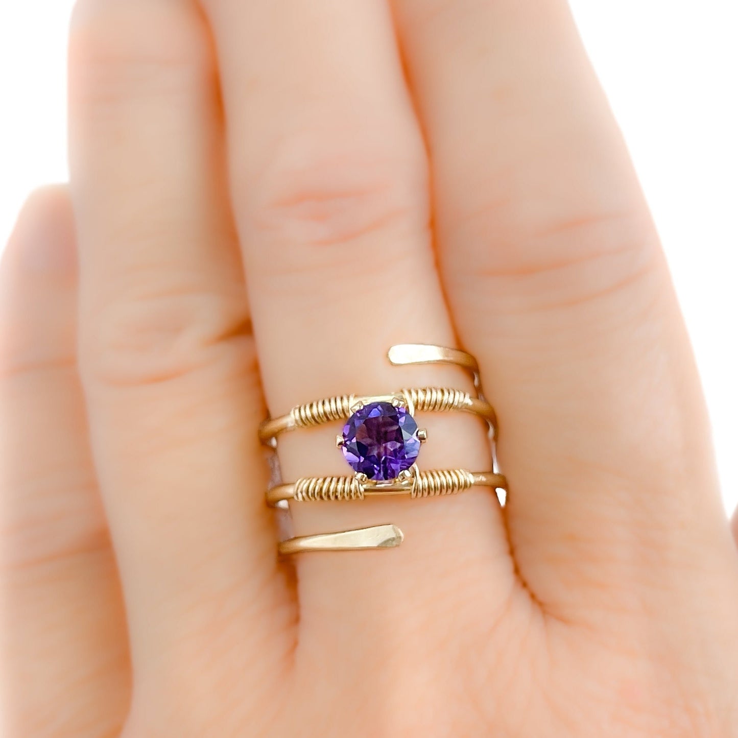 Purple Amethyst Gold Wire Spiral Ring