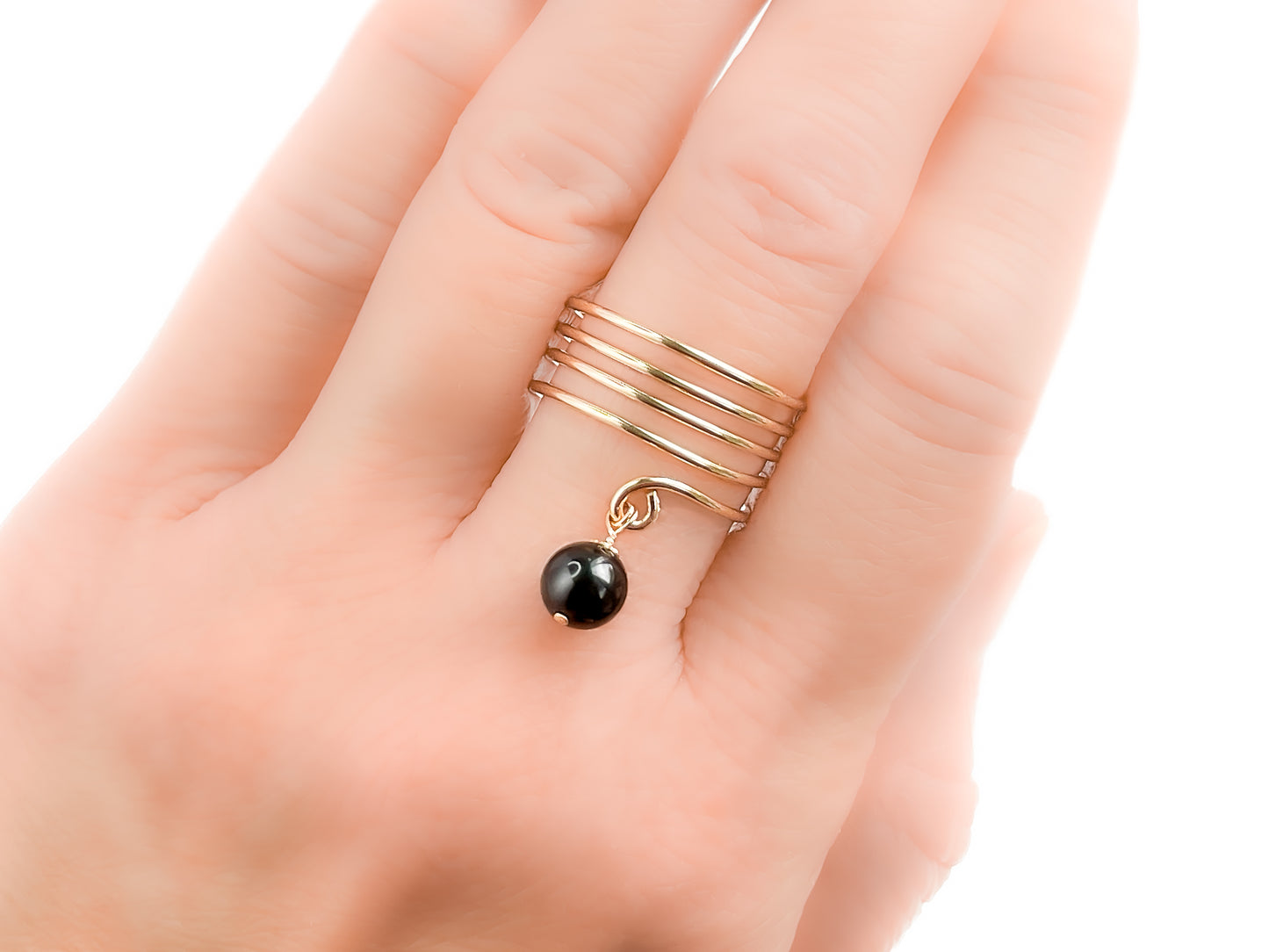 Gold Spiral Ring with Black Akoya Pearl