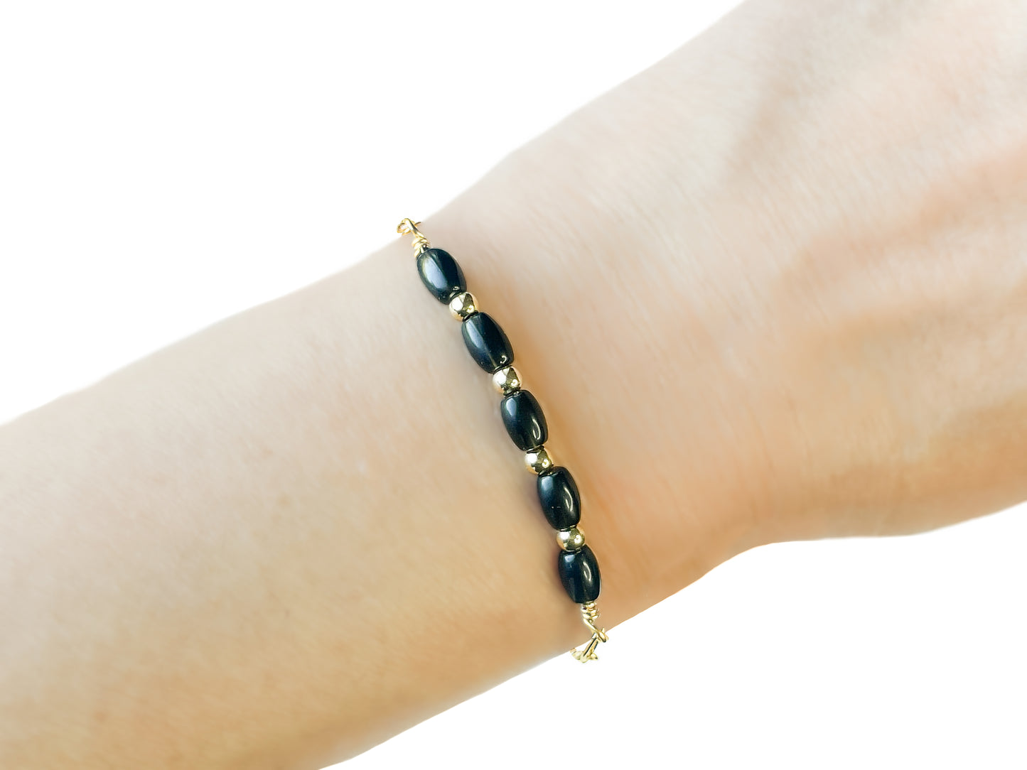 Black Onyx and Gold Bead Adjustable Bracelet