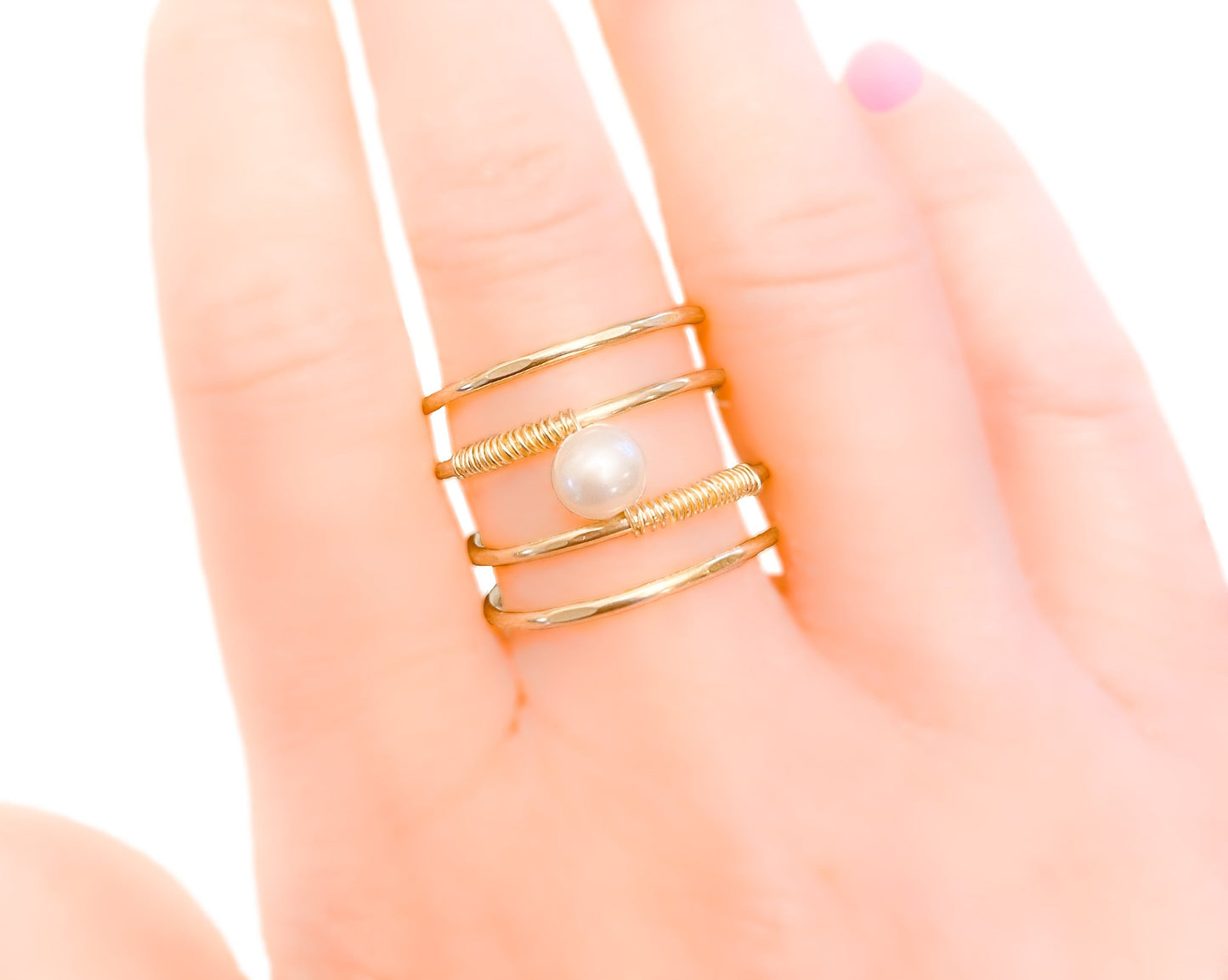 Gold Wire Spiral Ring with Freshwater Pearl